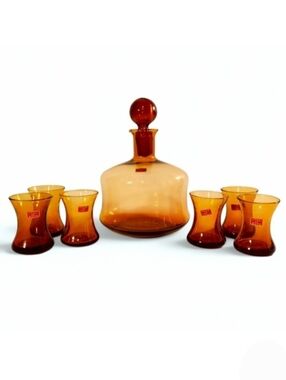 Empoli Italian Hand Blown Glass Decanter & Cordial Set Vintage MCM Rare